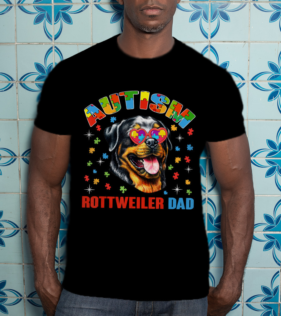 Autism Rottweiler Dad Colorful Puzzle Heart Sunglasses T-Shirt