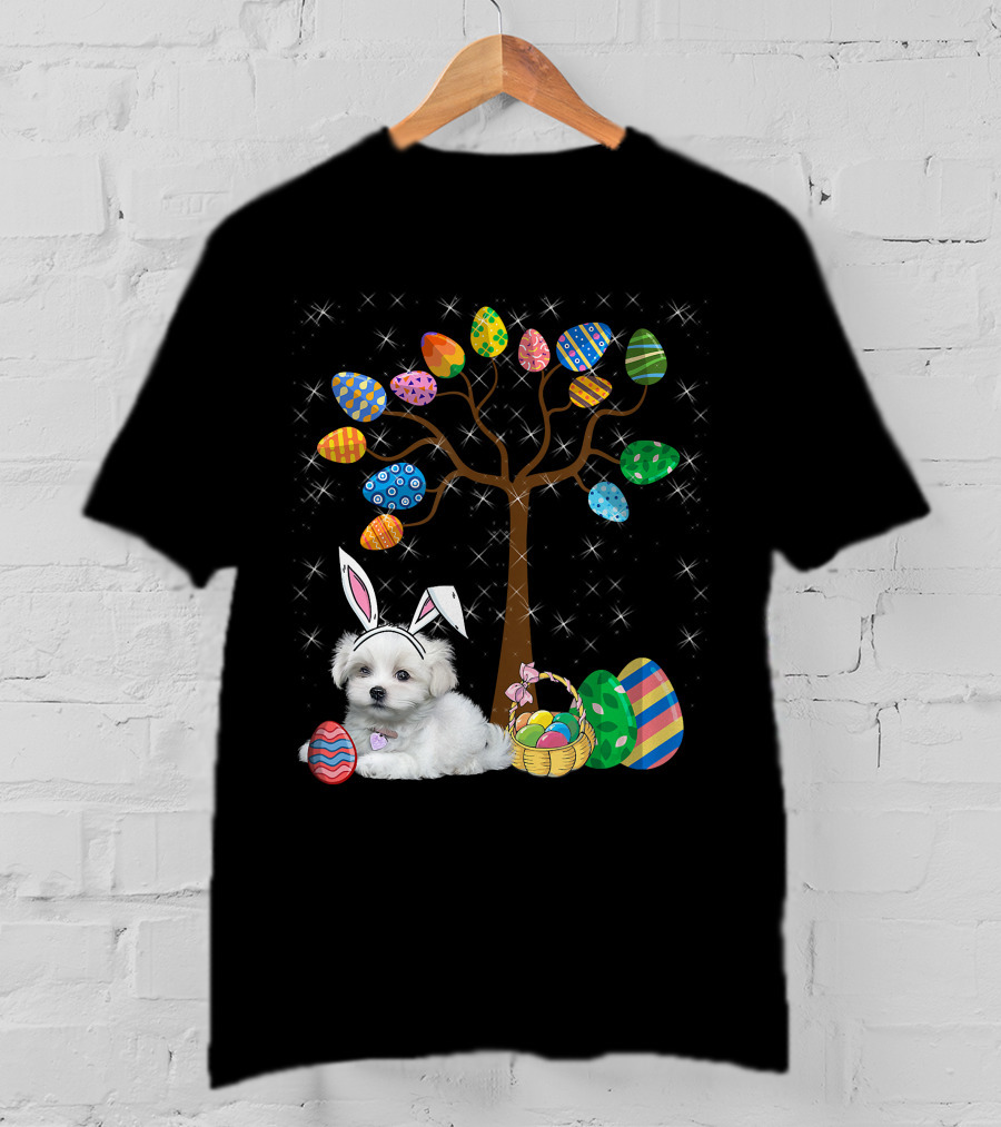 Maltese Dog With Bunny Ears Hunting Easter Eggs On Egg Tree T-Shirt
