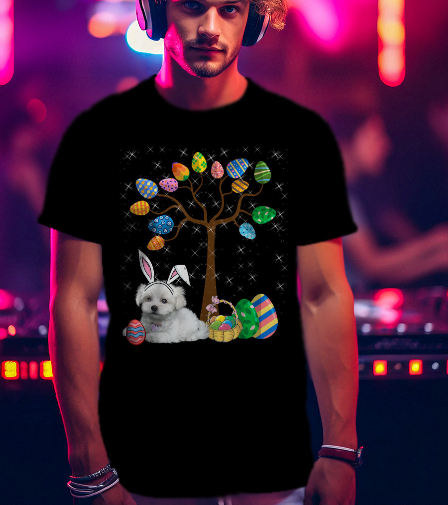 Maltese Dog With Bunny Ears Hunting Easter Eggs On Egg Tree T-Shirt