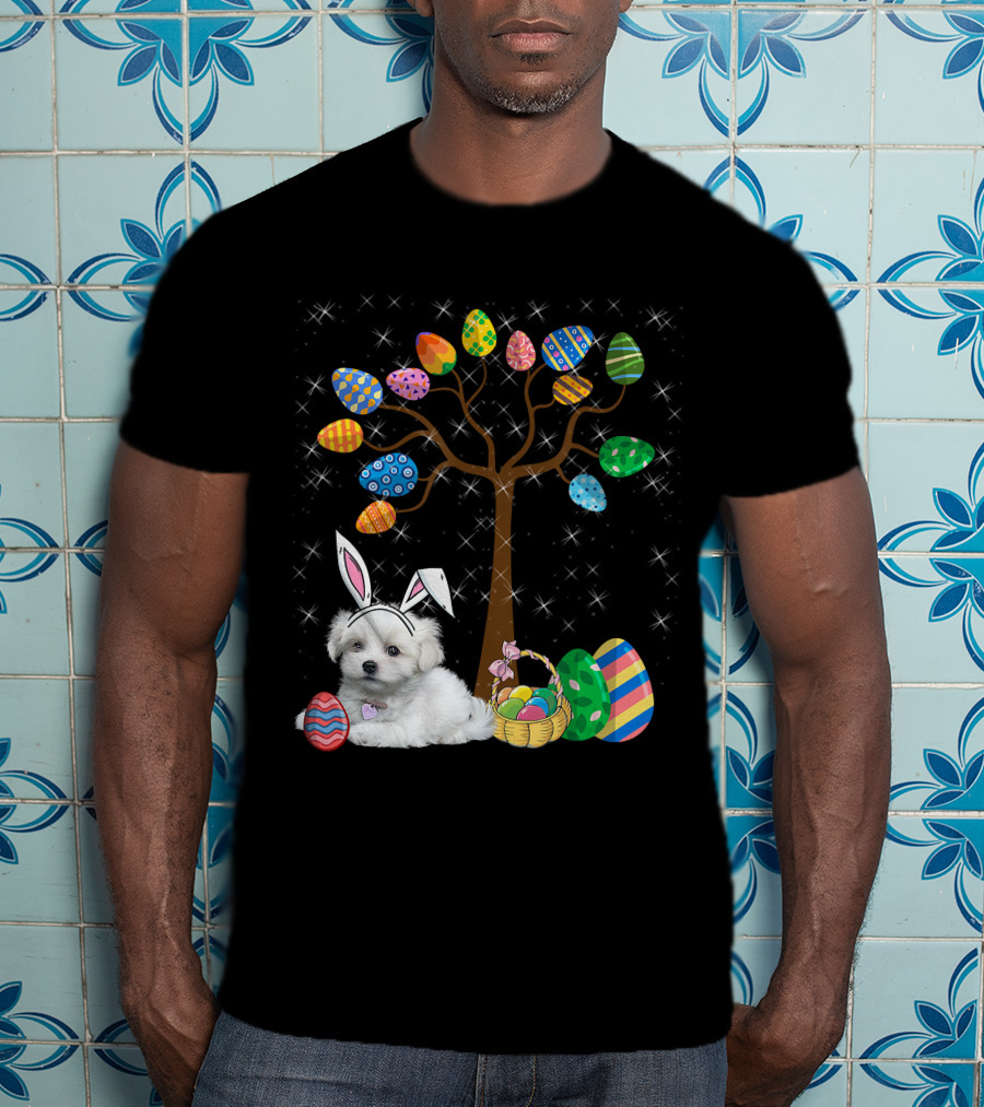 Maltese Dog With Bunny Ears Hunting Easter Eggs On Egg Tree T-Shirt
