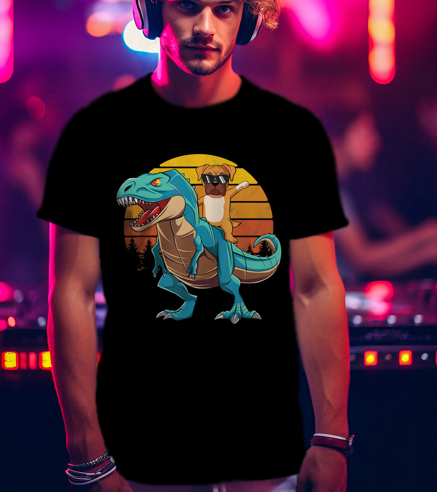 Boxer Dog With Sunglasses Riding Blue T-Rex Against Sunset Background T-Shirt