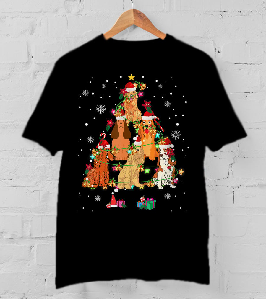 Cocker Spaniel Christmas Tree With Santa Hats And Snowflakes T-Shirt
