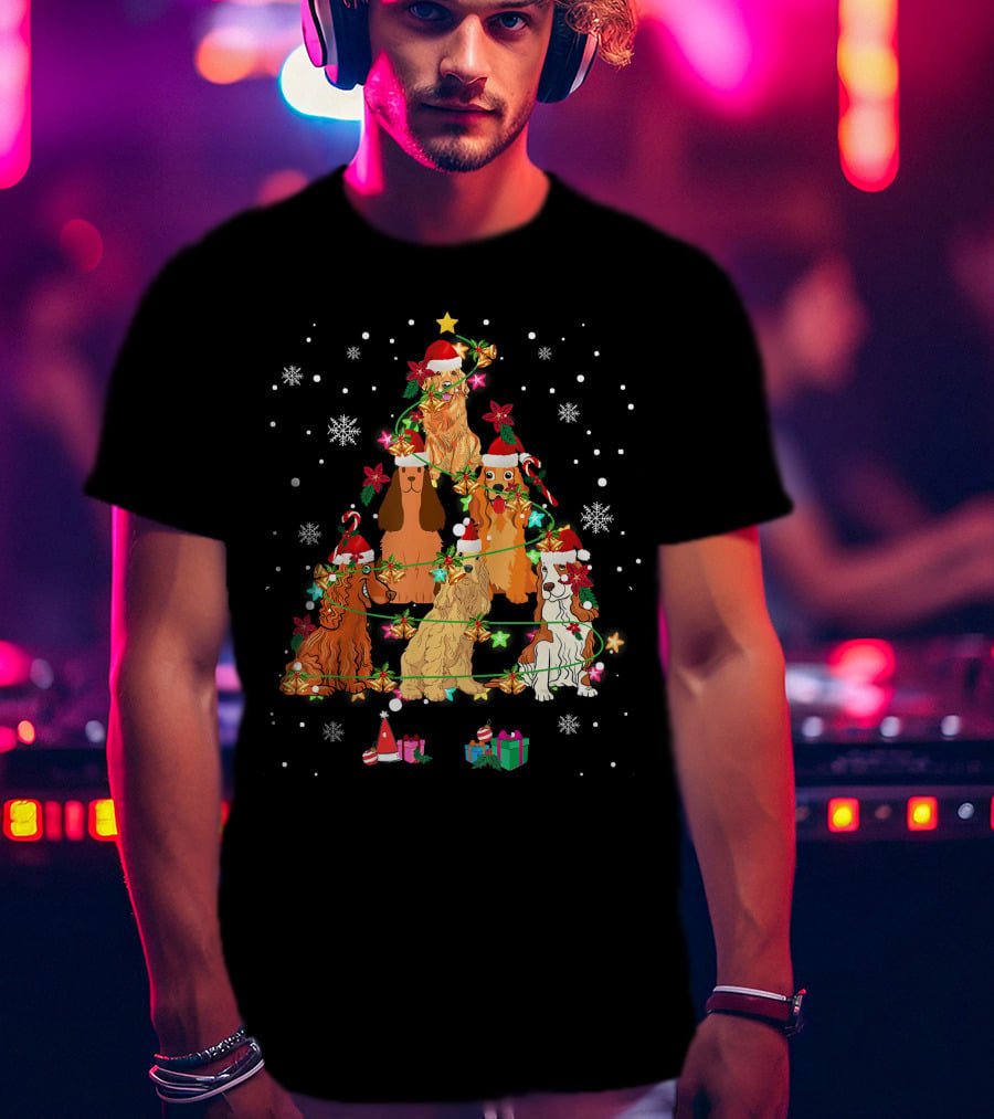 Cocker Spaniel Christmas Tree With Santa Hats And Snowflakes T-Shirt