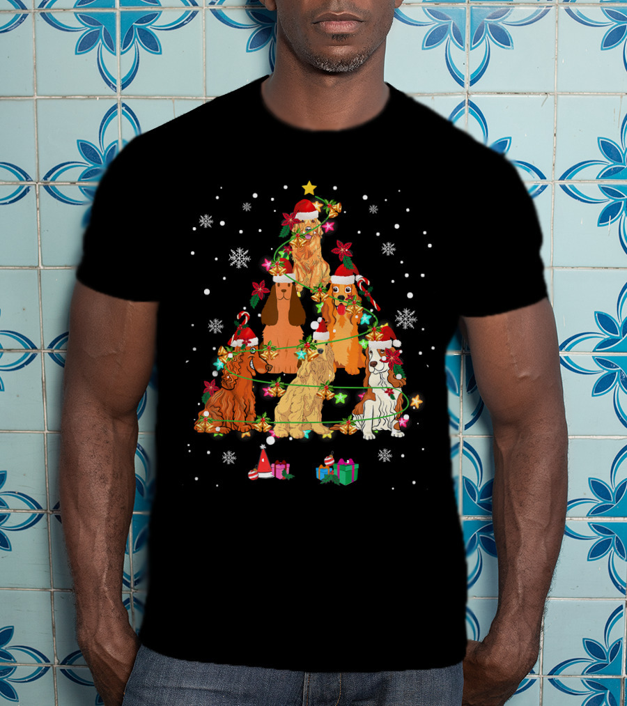 Cocker Spaniel Christmas Tree With Santa Hats And Snowflakes T-Shirt