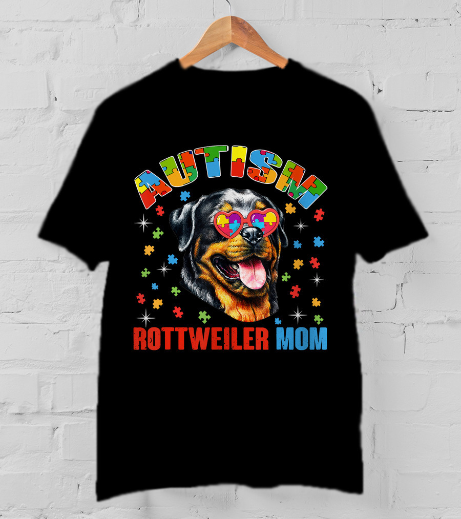 Rottweiler Mom Autism Awareness Puzzle Heart Glasses T-Shirt