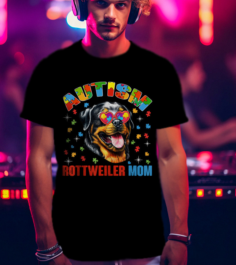 Rottweiler Mom Autism Awareness Puzzle Heart Glasses T-Shirt