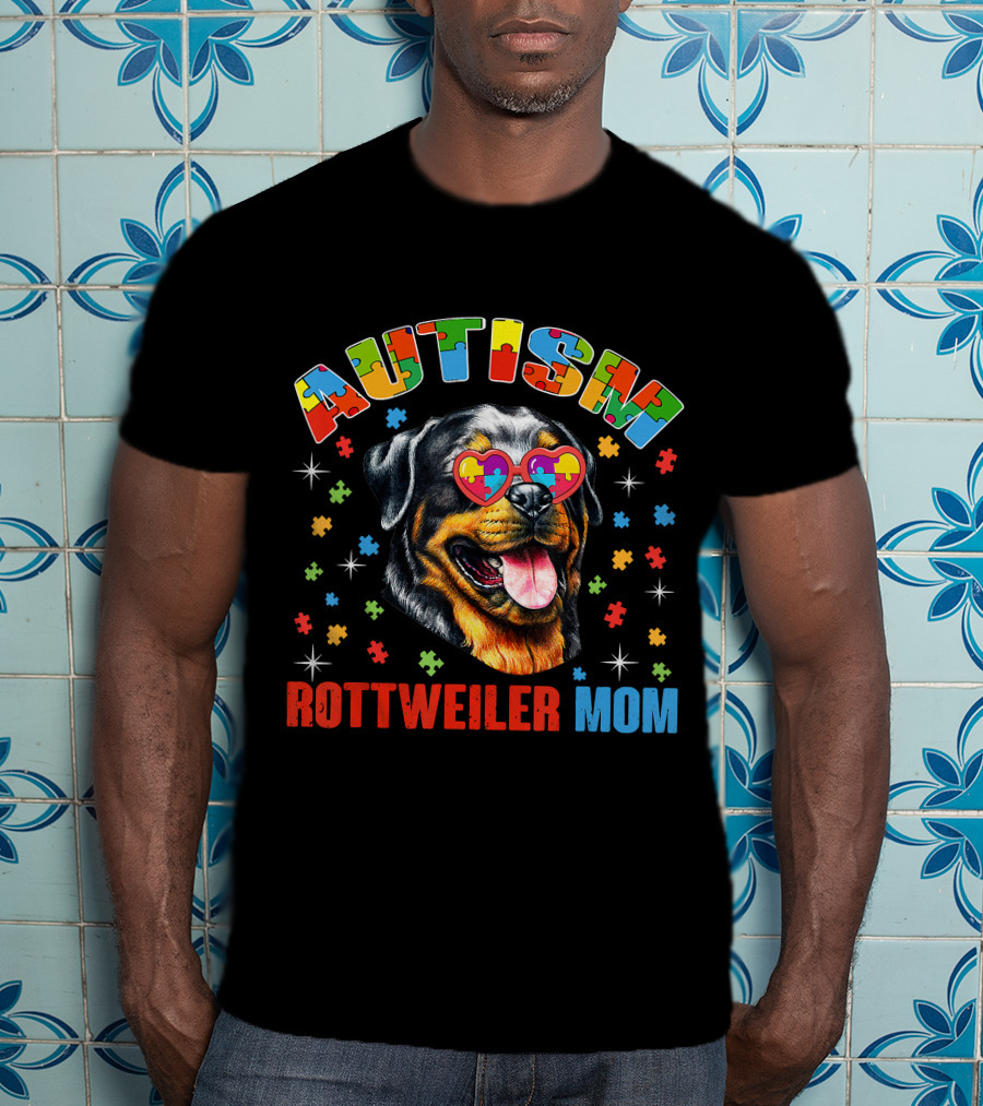 Rottweiler Mom Autism Awareness Puzzle Heart Glasses T-Shirt