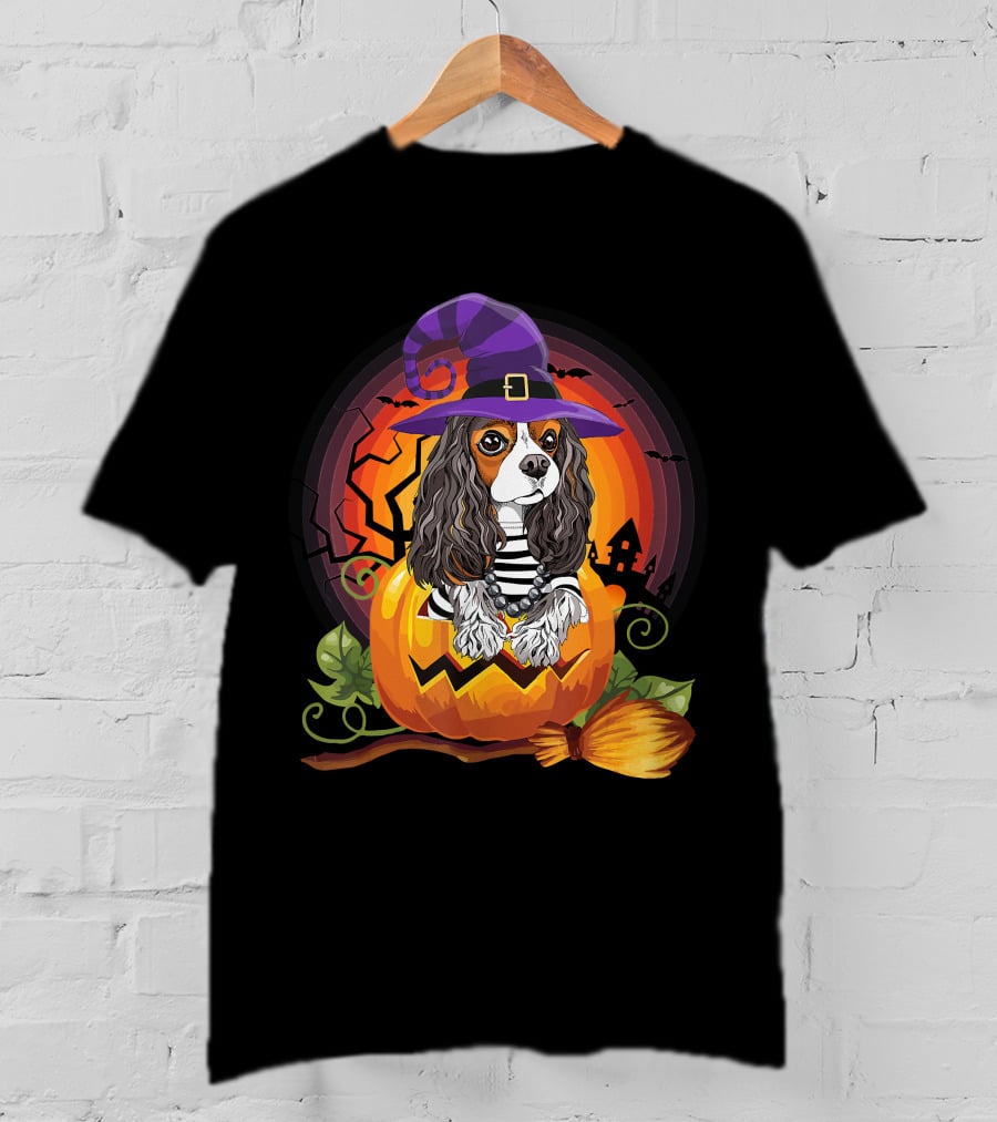Cavalier Witch Dog In Pumpkin Halloween Scene T-Shirt