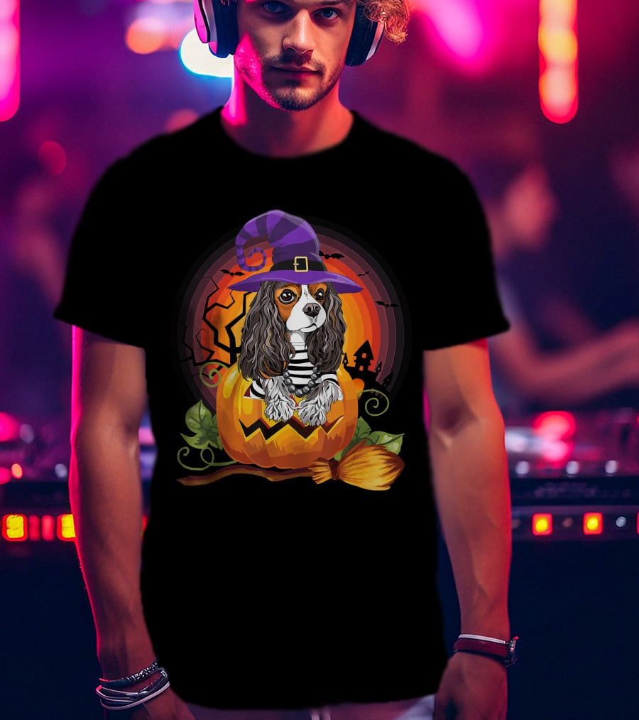 Cavalier Witch Dog In Pumpkin Halloween Scene T-Shirt