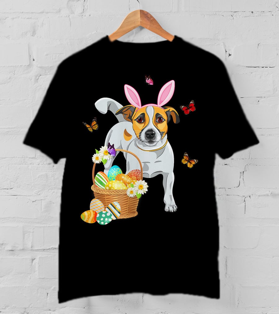 Cutes Jack Russell Bunny Ear With Butterflies And Easter Eggs In Basket T-Shirt