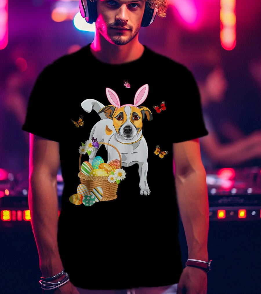 Cutes Jack Russell Bunny Ear With Butterflies And Easter Eggs In Basket T-Shirt