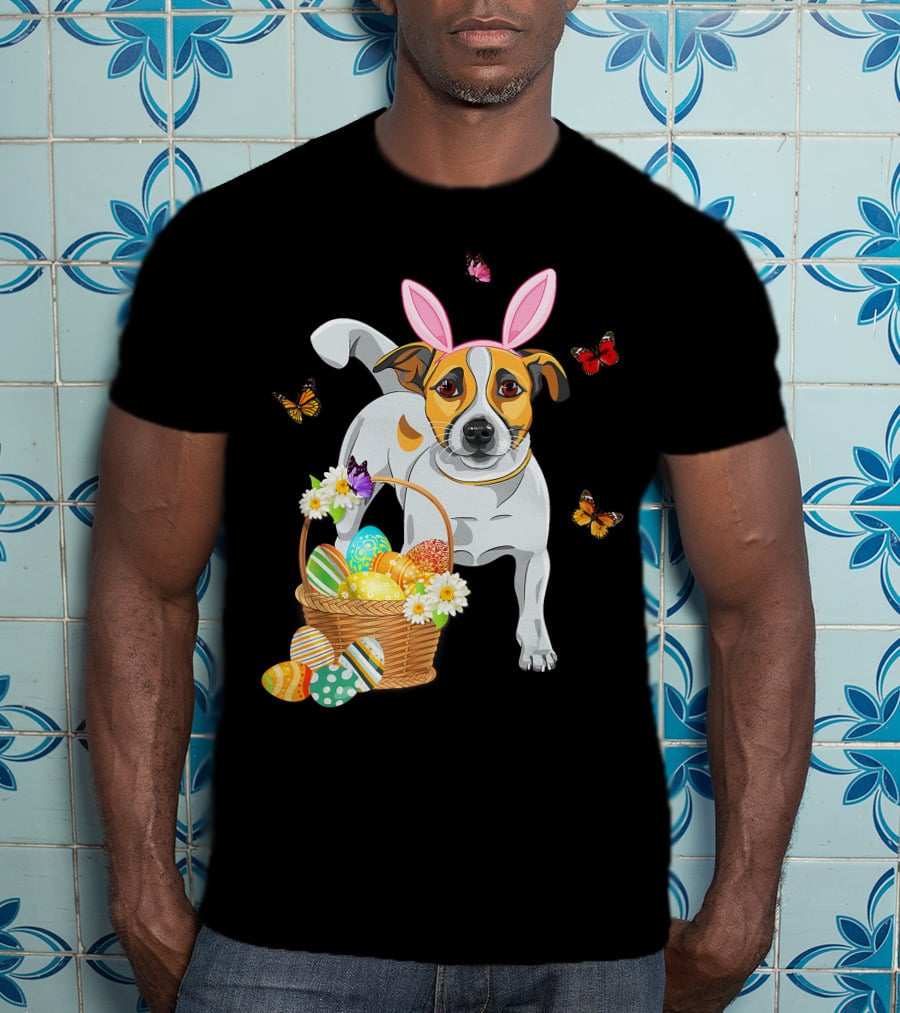 Cutes Jack Russell Bunny Ear With Butterflies And Easter Eggs In Basket T-Shirt