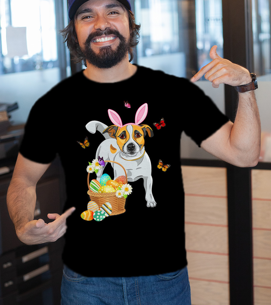 Cutes Jack Russell Bunny Ear With Butterflies And Easter Eggs In Basket T-Shirt