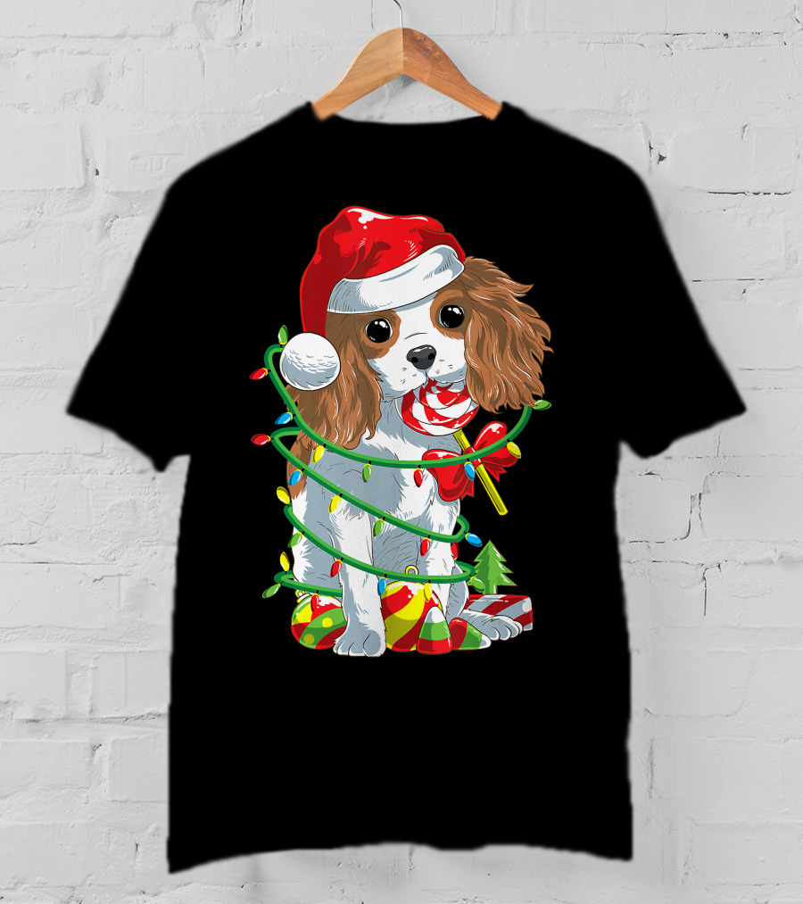 Cute Cavalier King Charles Spaniel Dog In Santa Hat With Christmas Lights And Candy Cane T-Shirt