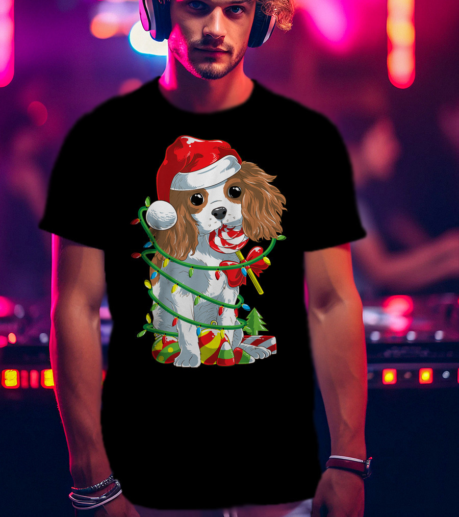 Cute Cavalier King Charles Spaniel Dog In Santa Hat With Christmas Lights And Candy Cane T-Shirt