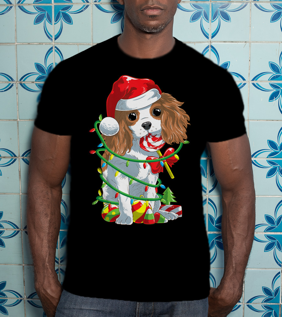 Cute Cavalier King Charles Spaniel Dog In Santa Hat With Christmas Lights And Candy Cane T-Shirt