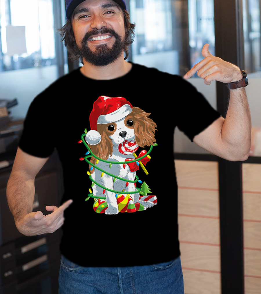 Cute Cavalier King Charles Spaniel Dog In Santa Hat With Christmas Lights And Candy Cane T-Shirt