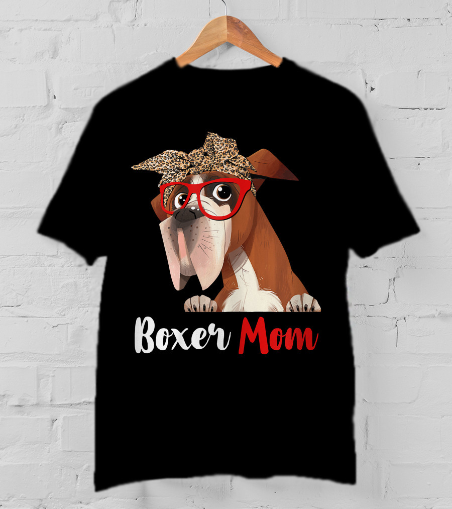Boxer Mom With Red Glasses And Leopard Headband For Dog Lovers T-Shirt