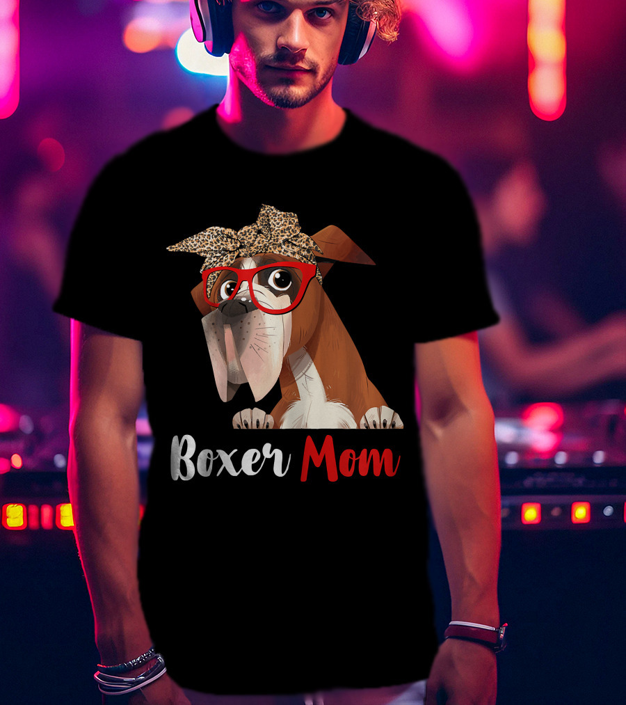 Boxer Mom With Red Glasses And Leopard Headband For Dog Lovers T-Shirt