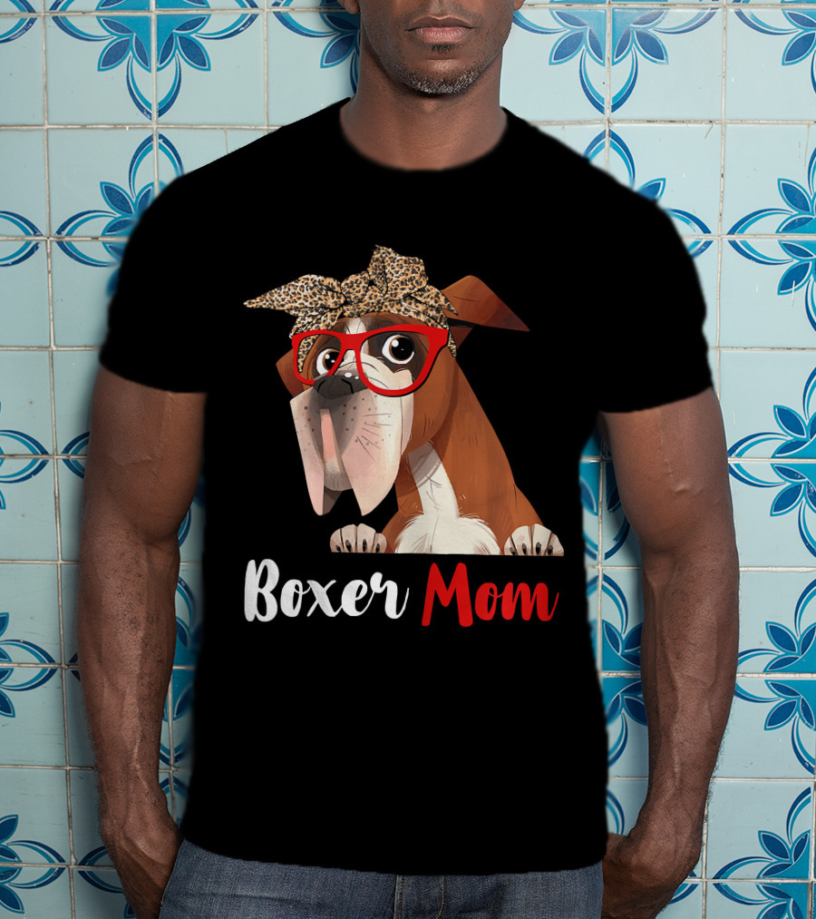 Boxer Mom With Red Glasses And Leopard Headband For Dog Lovers T-Shirt