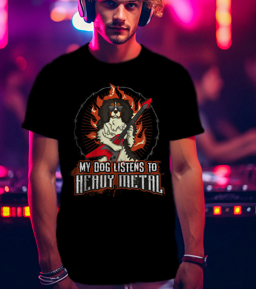 My Dog Listens To Heavy Metal Cavalier King Charles Spaniel Guitar Flames T-Shirt