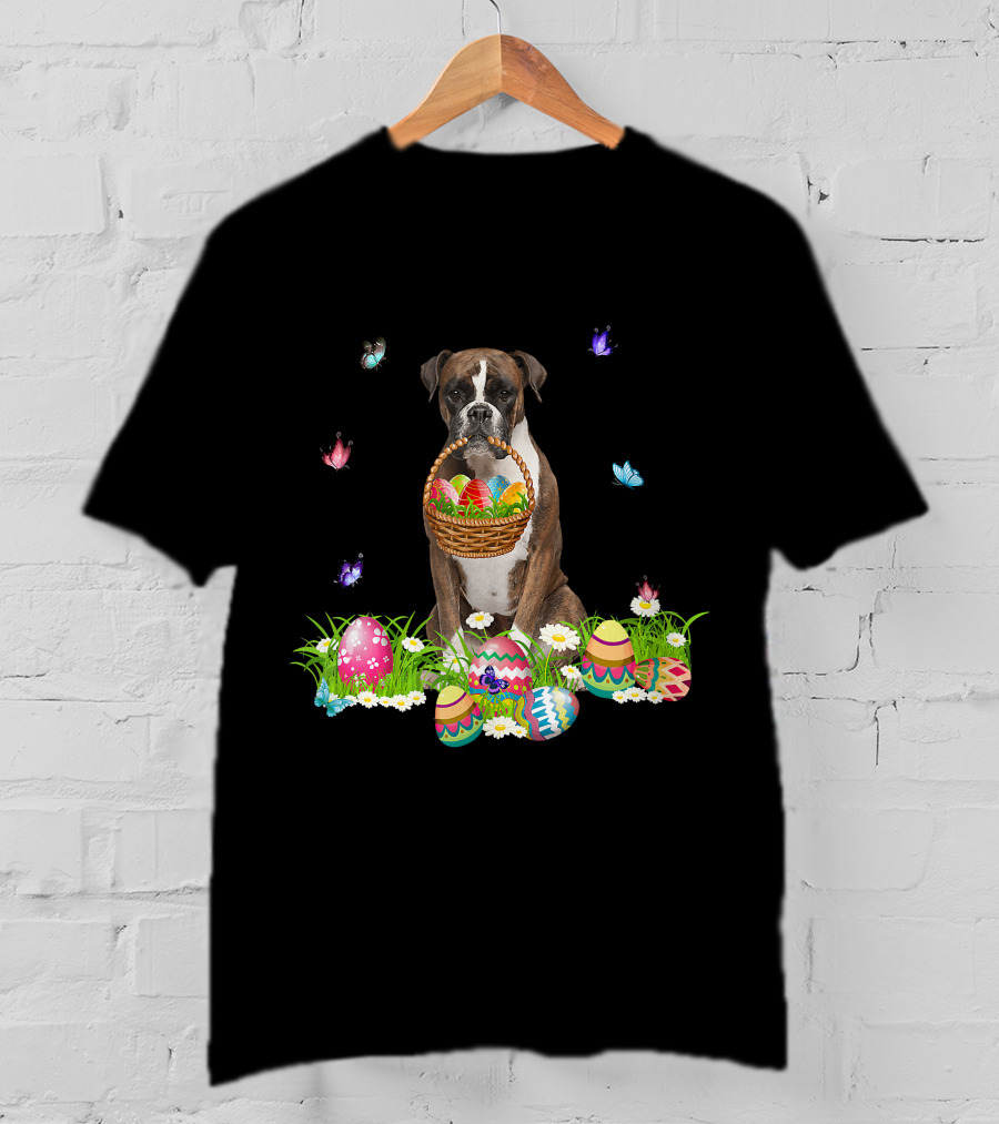 Boxer Dog Holding Easter Eggs Basket Surrounded By Butterflies And Flowers T-Shirt