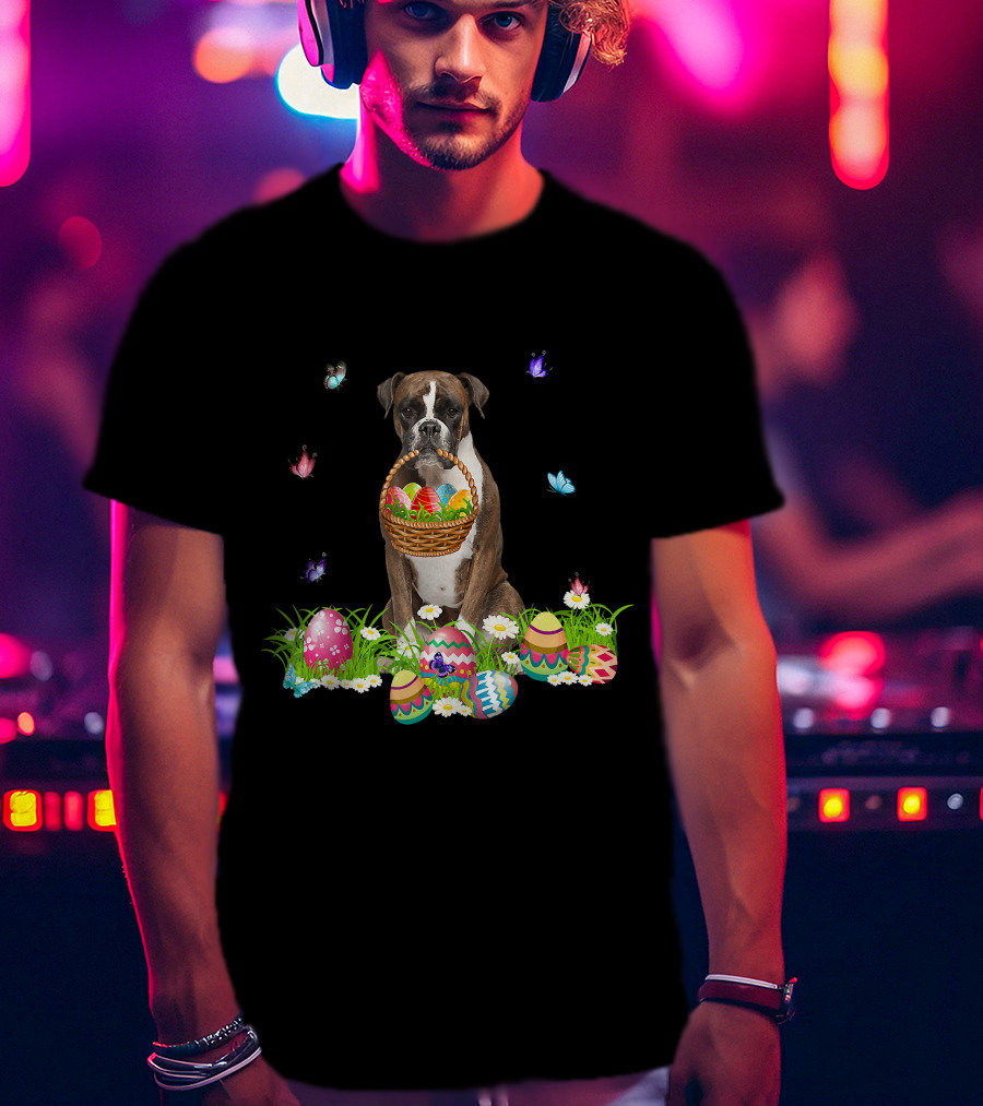 Boxer Dog Holding Easter Eggs Basket Surrounded By Butterflies And Flowers T-Shirt