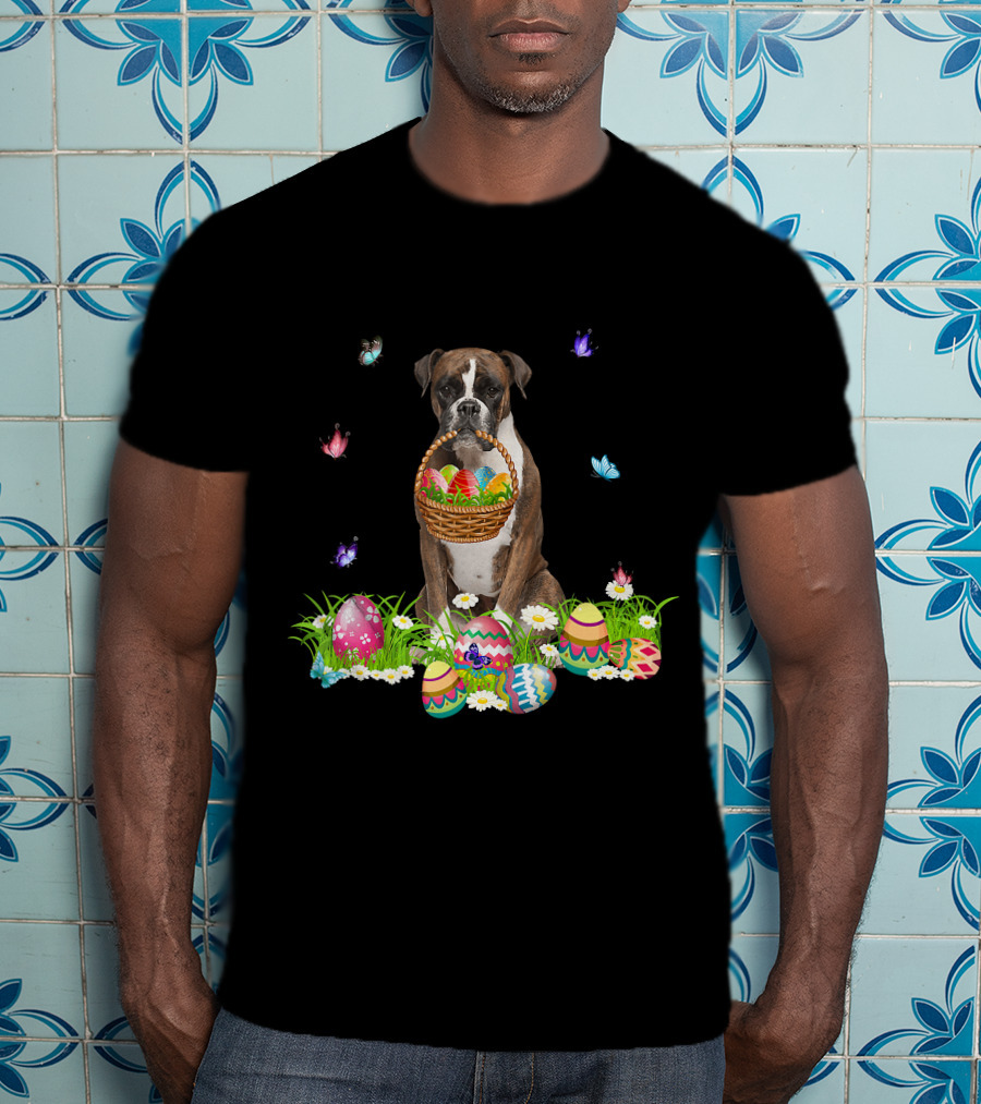 Boxer Dog Holding Easter Eggs Basket Surrounded By Butterflies And Flowers T-Shirt