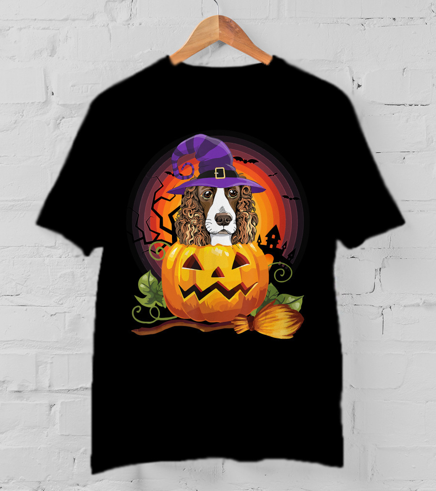 Dog Lover English Cocker Spaniel Witch Pumpkin Halloween Scene T-Shirt