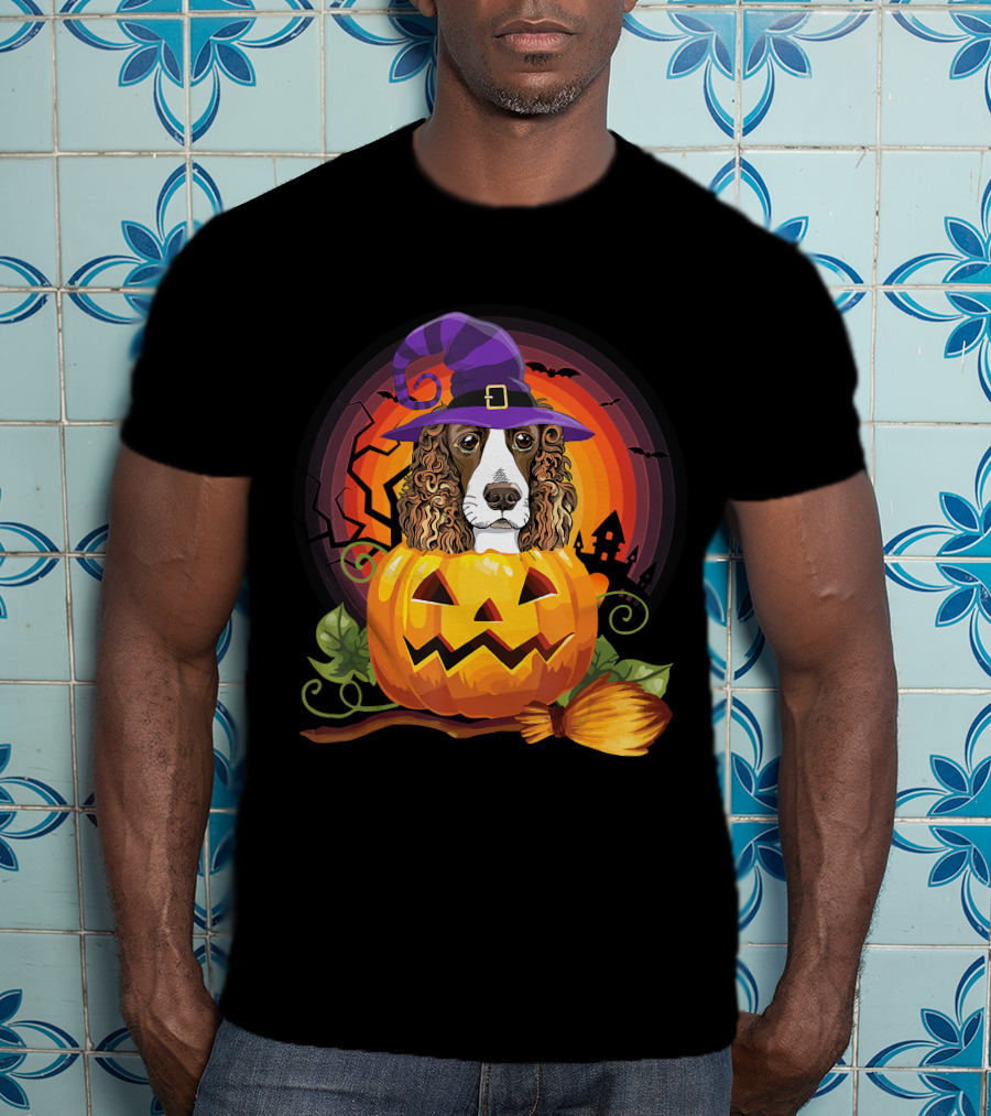 Dog Lover English Cocker Spaniel Witch Pumpkin Halloween Scene T-Shirt