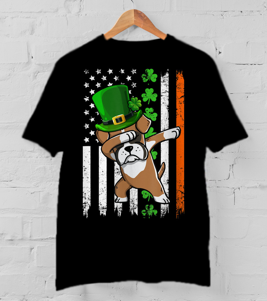 Dabbing Boxer Dog Leprechaun Hat American Irish Flag T-Shirt
