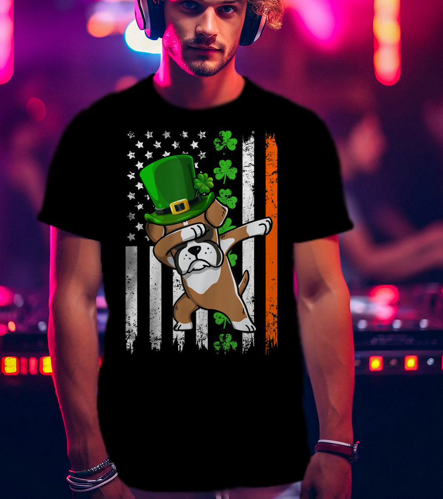 Dabbing Boxer Dog Leprechaun Hat American Irish Flag T-Shirt