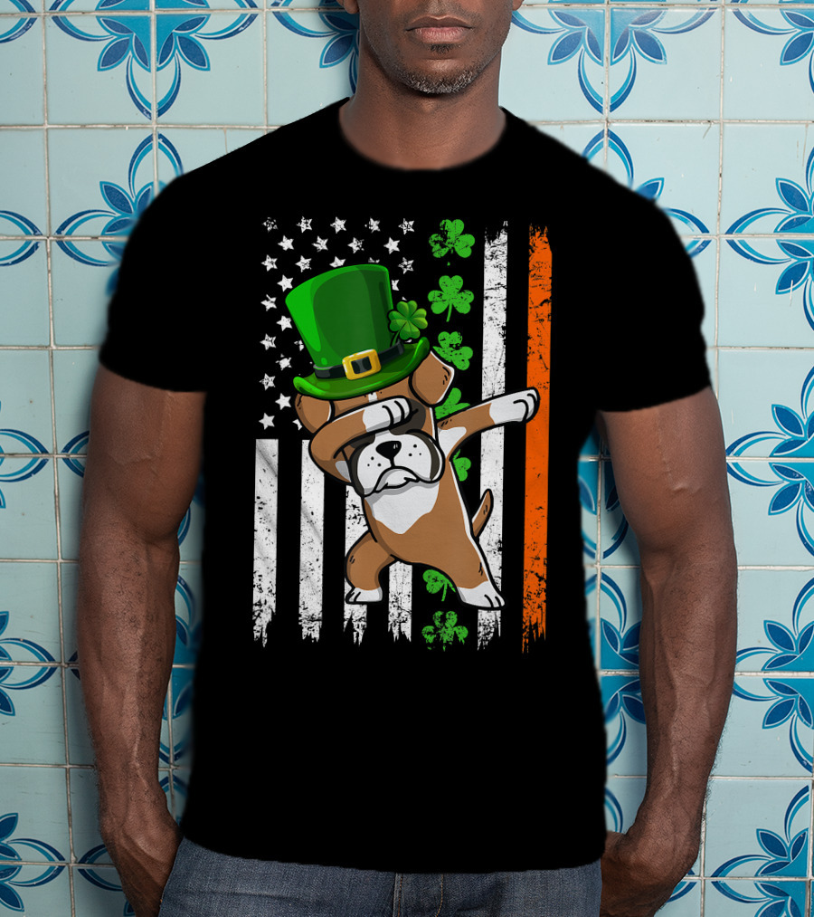 Dabbing Boxer Dog Leprechaun Hat American Irish Flag T-Shirt