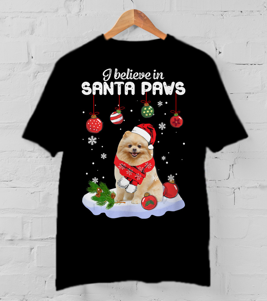 I Believe In Santa Paws Pomeranian Festive Christmas Ornaments Snowflakes T-Shirt