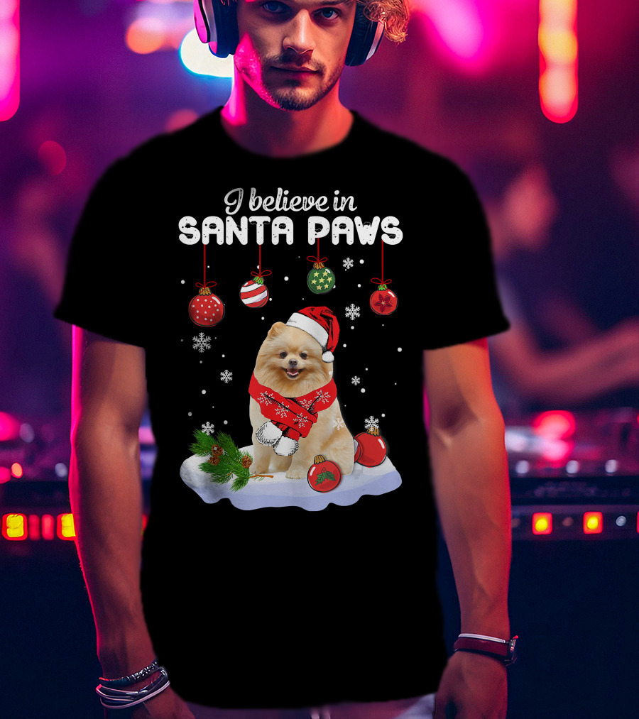 I Believe In Santa Paws Pomeranian Festive Christmas Ornaments Snowflakes T-Shirt