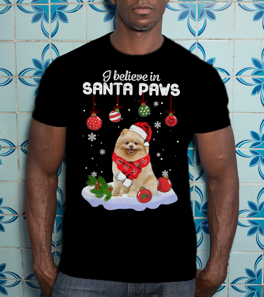 I Believe In Santa Paws Pomeranian Festive Christmas Ornaments Snowflakes T-Shirt