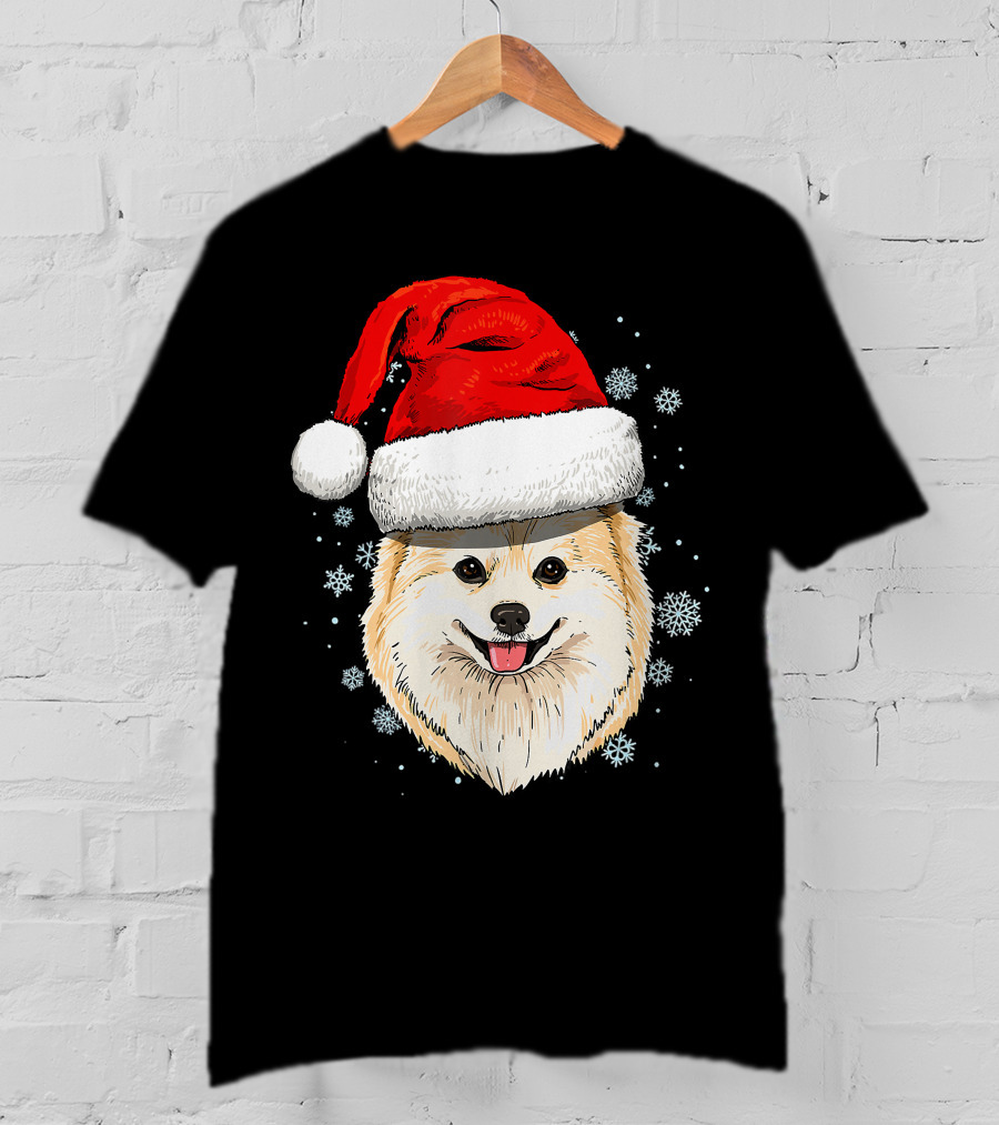 Pomeranian Santa Hat Snowflakes Christmas T-Shirt
