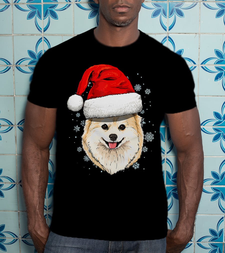 Pomeranian Santa Hat Snowflakes Christmas T-Shirt