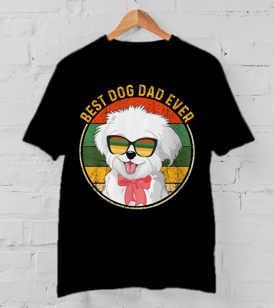 Best Dog Dad Ever Retro Vintage Maltese Sunglasses T-Shirt