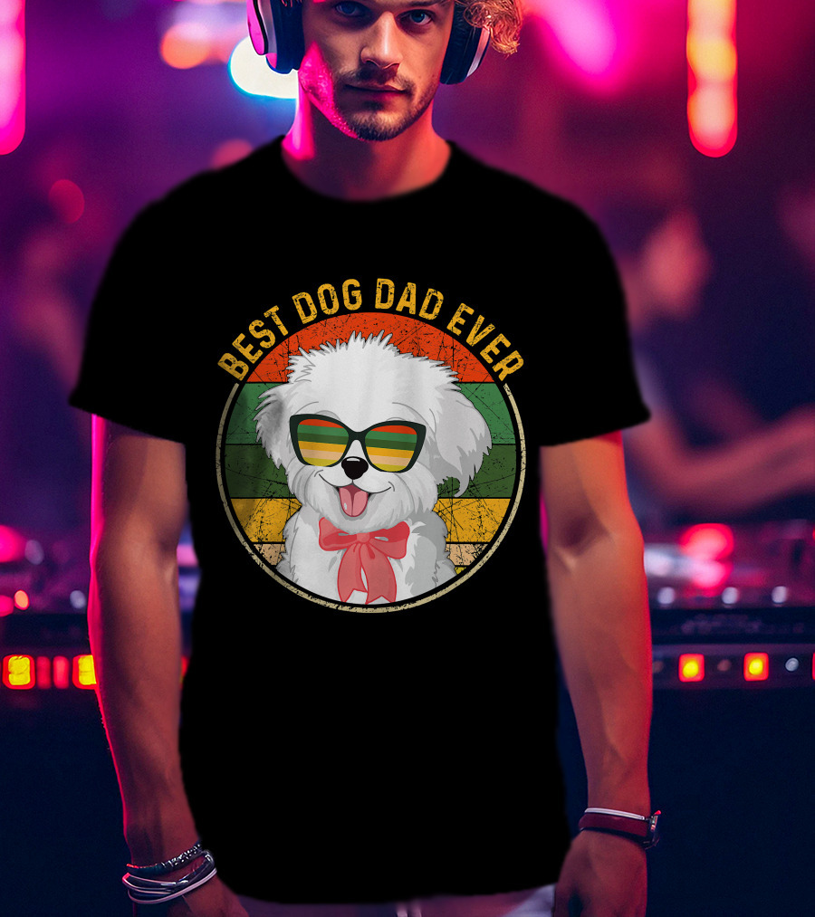 Best Dog Dad Ever Retro Vintage Maltese Sunglasses T-Shirt