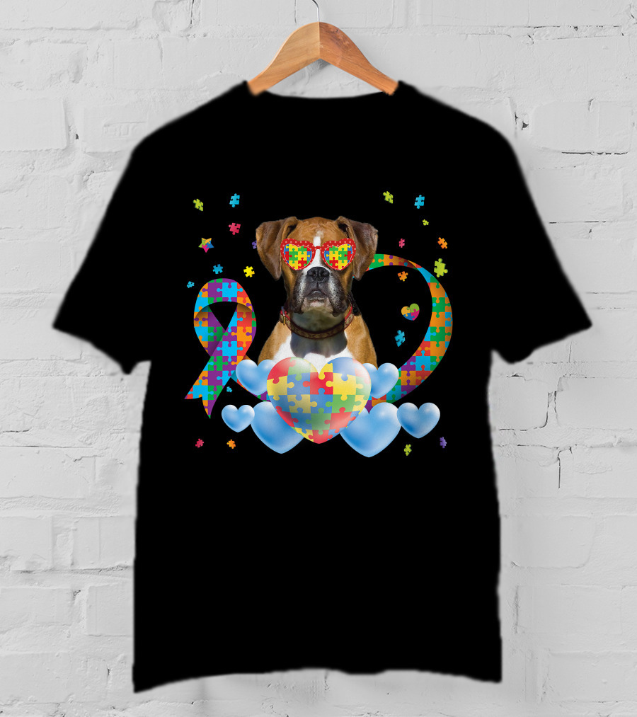 Boxer Dog Autism Awareness Heart Puzzle Ribbon Rainbow T-Shirt