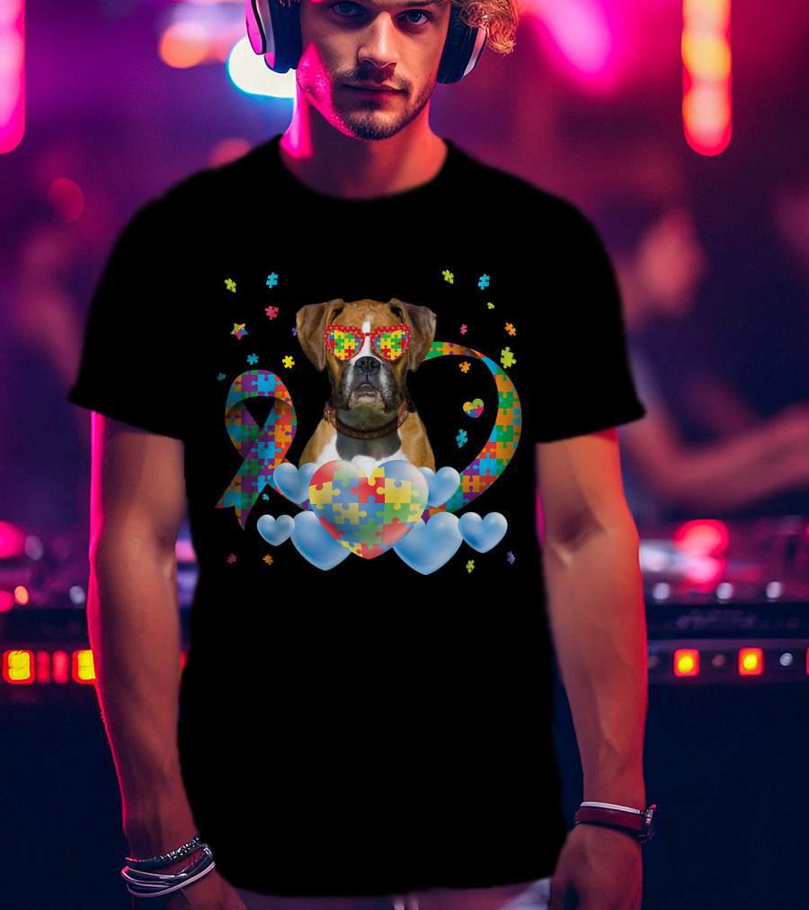 Boxer Dog Autism Awareness Heart Puzzle Ribbon Rainbow T-Shirt