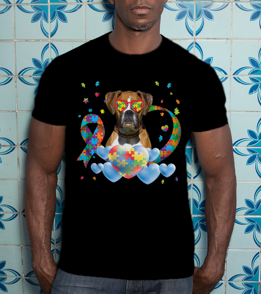 Boxer Dog Autism Awareness Heart Puzzle Ribbon Rainbow T-Shirt