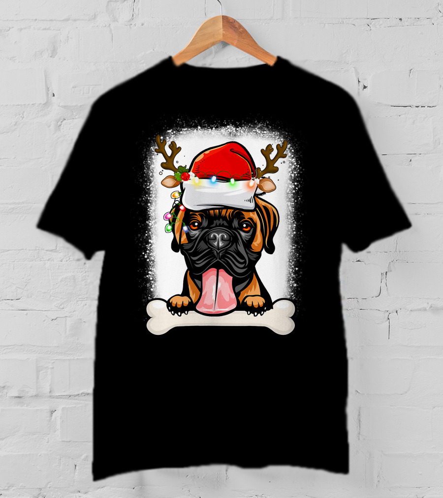 Boxer Dog With Santa Hat And Antlers Holding A Bone With Christmas Lights T-Shirt
