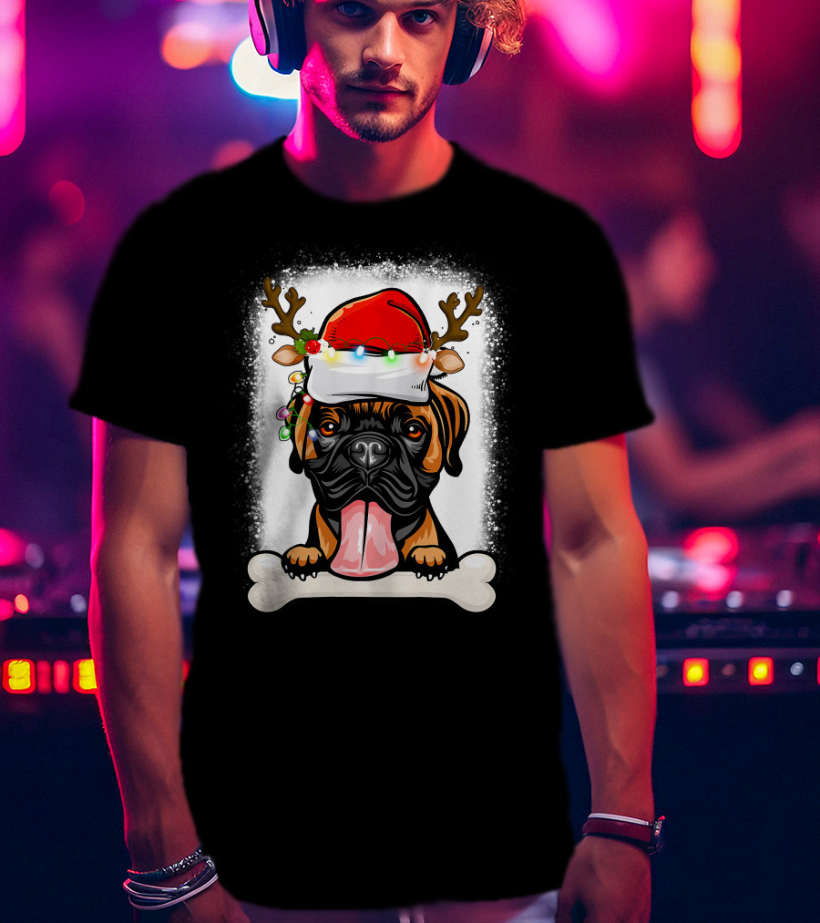 Boxer Dog With Santa Hat And Antlers Holding A Bone With Christmas Lights T-Shirt
