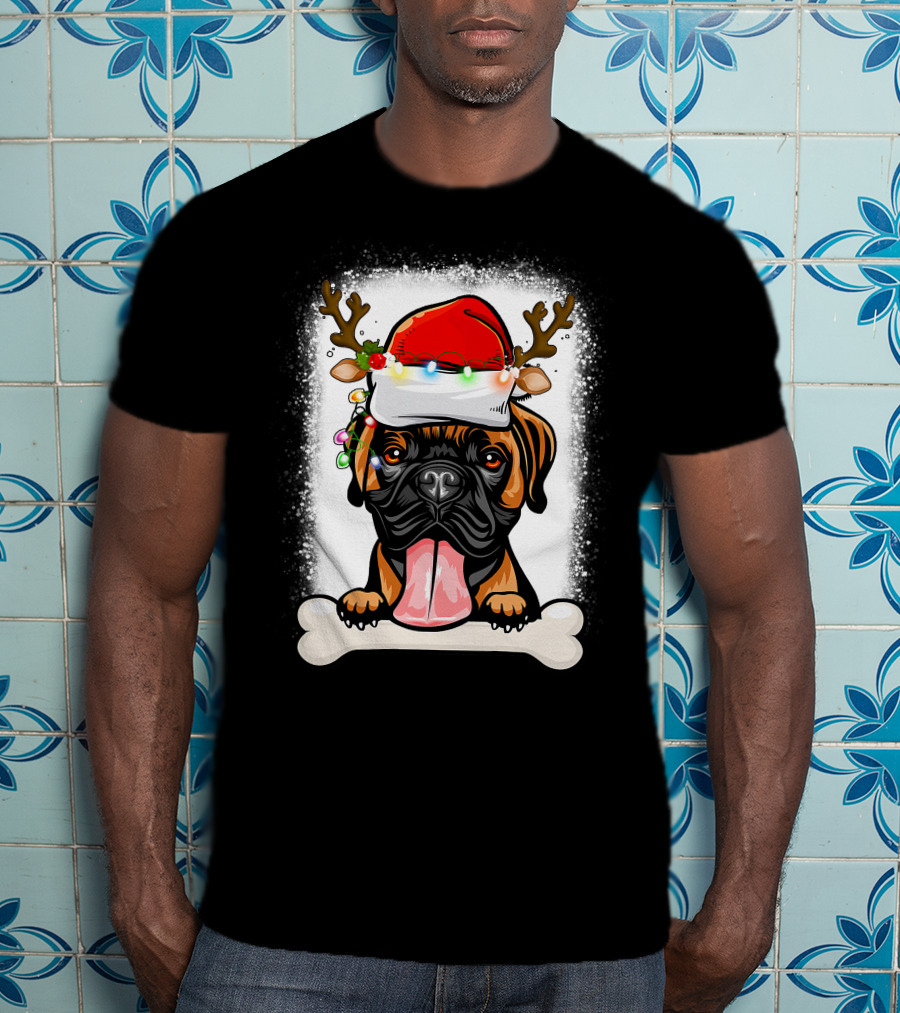 Boxer Dog With Santa Hat And Antlers Holding A Bone With Christmas Lights T-Shirt