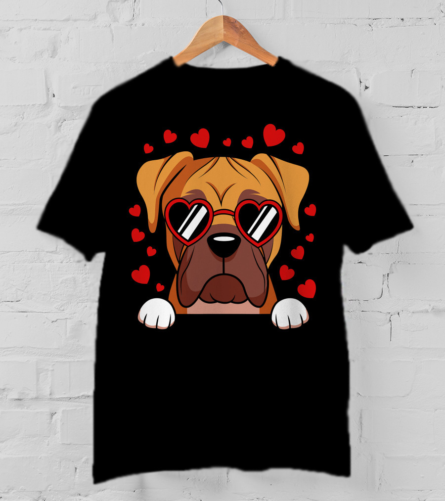 Boxer Dog Face With Red Heart Glasses Surrounded By Floating Hearts T-Shirt