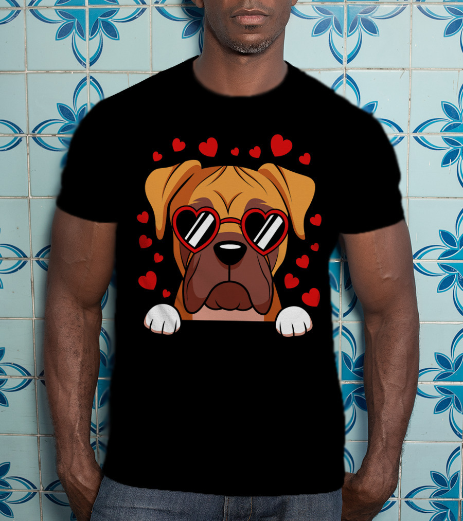 Boxer Dog Face With Red Heart Glasses Surrounded By Floating Hearts T-Shirt