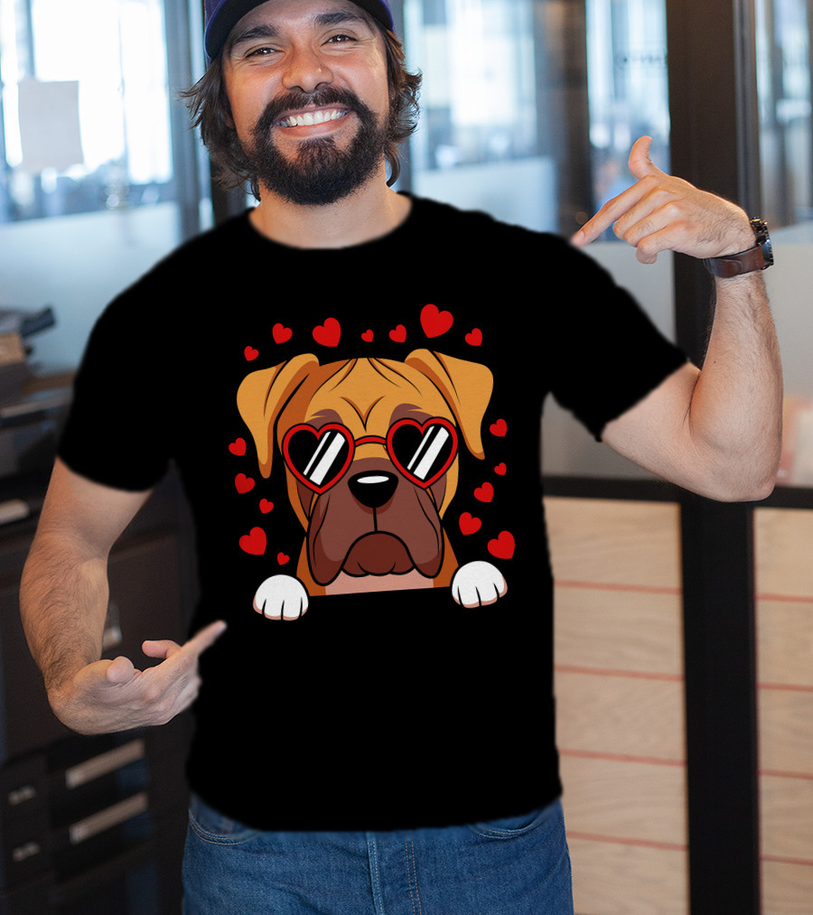 Boxer Dog Face With Red Heart Glasses Surrounded By Floating Hearts T-Shirt