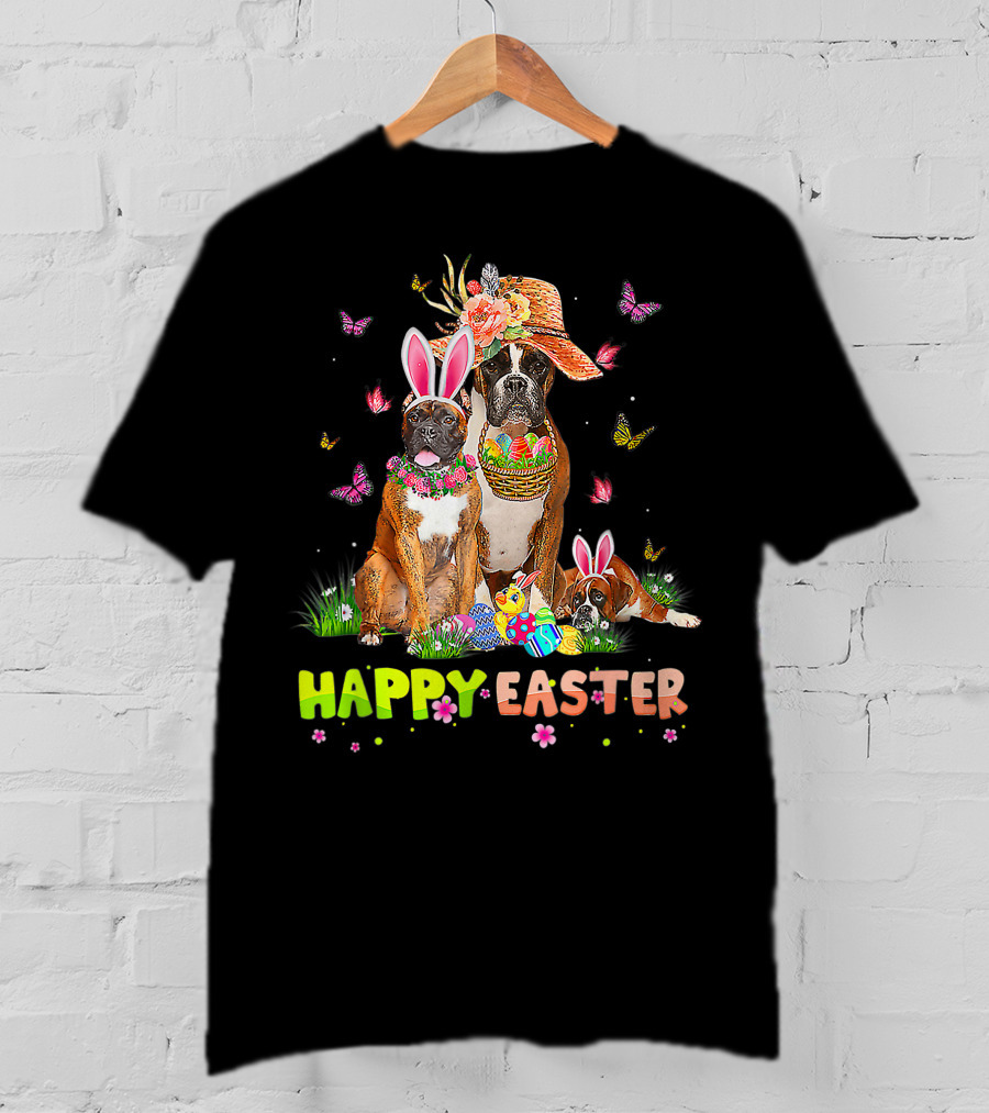 Happy Easter Boxer Dogs Bunny Ears Eggs And Butterflies T-Shirt